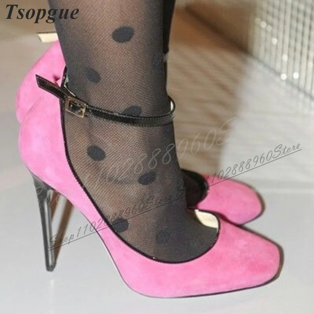 Purple Flock Elegant Shallow Pumps Thin High Heel Women Shoes Ankle Buckle Strap Round Toe 2024 Fashion Zapatos Para Mujere