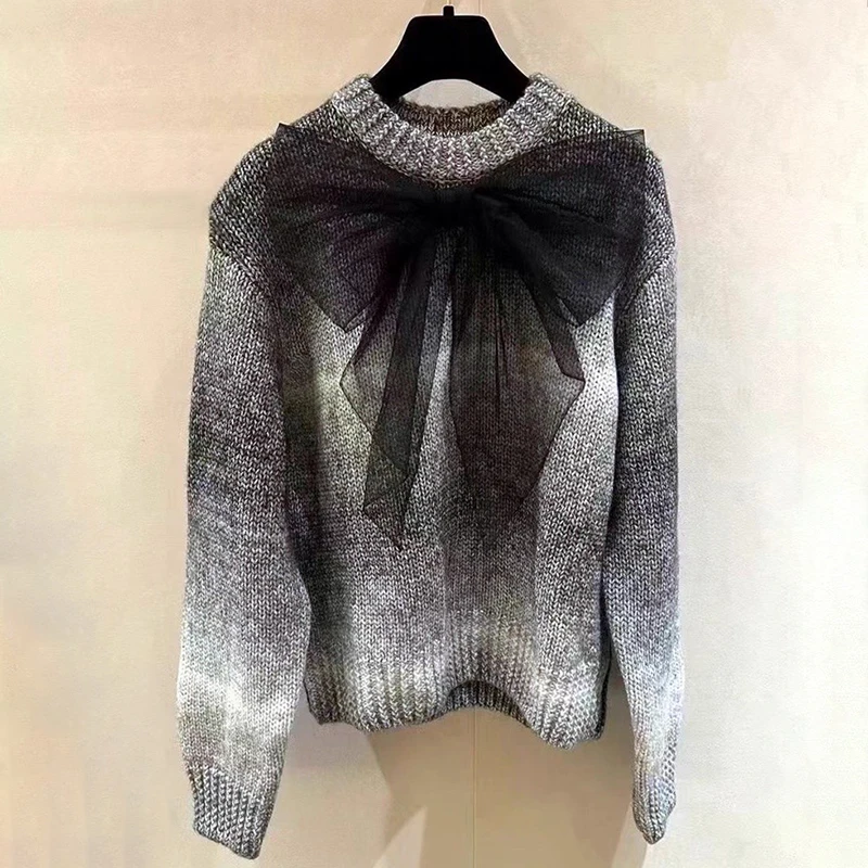 

Женский свитер 2025 года, новый зимний эластичный вязаный топ с длинными рукавами, шерстяной пуловер с круглым вырезом, y2k, украшение с бантом, женские топы