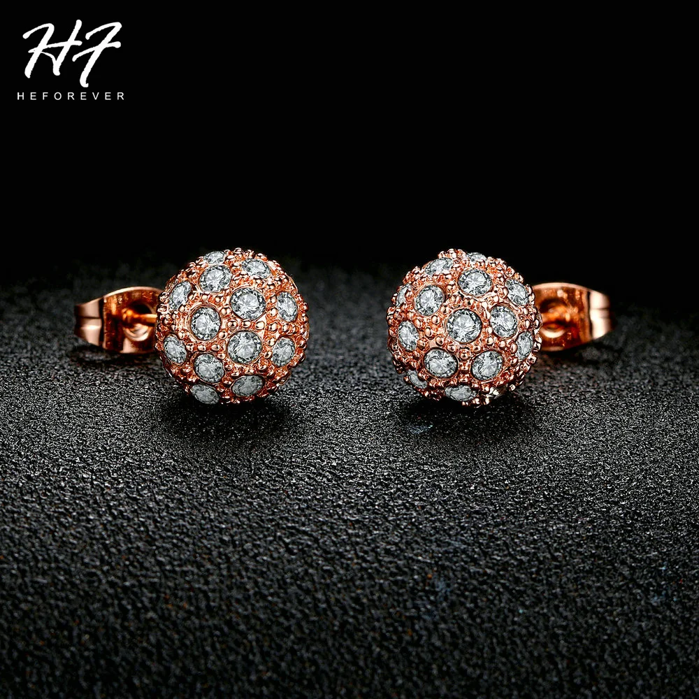 Geometric Crystal  Lucky Ball Stud Earrings for Women Rose Gold Color Earing Fashion Jewelry Party Xmas Gift E380