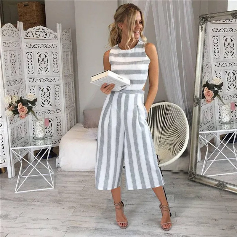 

Summer Jumpsuit Women's Jumpsuit Sexy Casual Sleeveless Elegant Striped Wide Leg Pants Playsuits Overalls Trouser