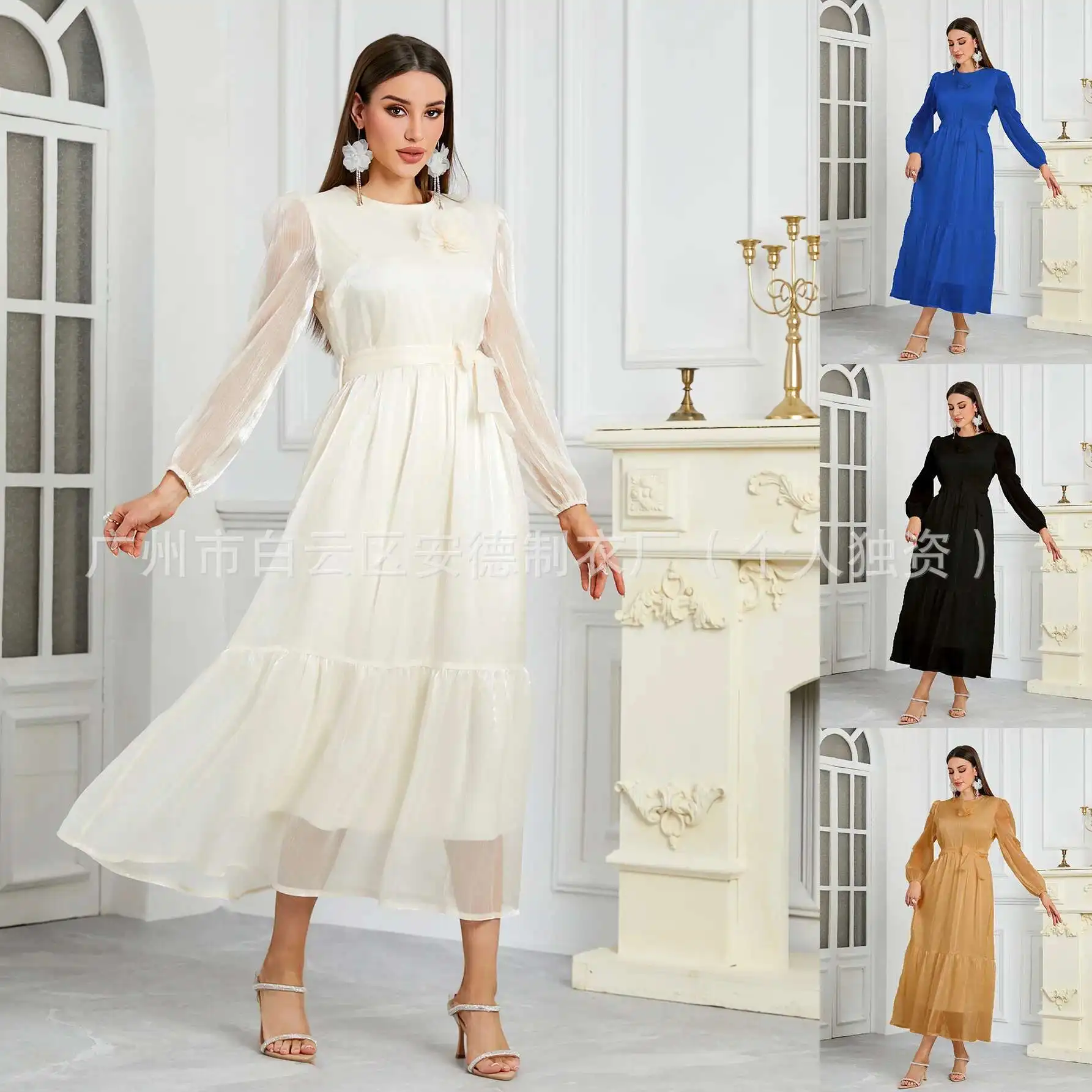 

New Fashionable and Elegant Pleated Yarn Round Neck Waistband Waist Cinched Dress From Asia and Europe in Women's Clothing