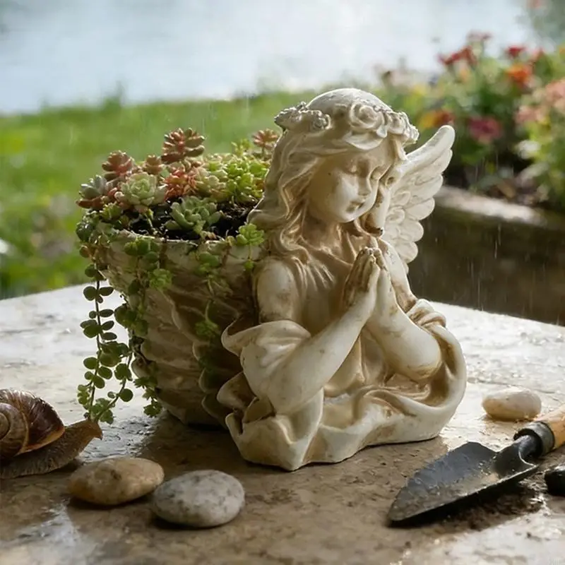 Retro Angel Succulents Planter Durable Enameled Resin Outdoor Garden Decoration X3UC
