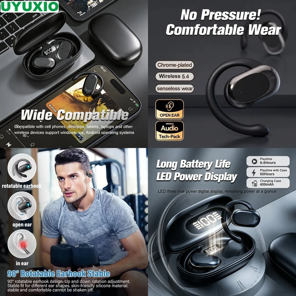 Open Ear Earphones and OWS Headset with IPX5 BT 5.4 90° Rotatable Hook 16mm Bass LED Display ENC Mic for Sports.