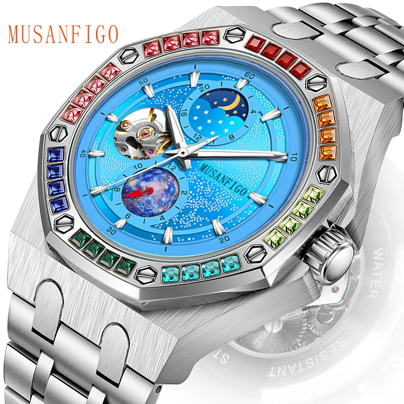 MUSANFIGO Original Men\'s Watch Waterproof Multi functional Fully Automatic Mechanical Watch Moon Phase Star Ocean Watch