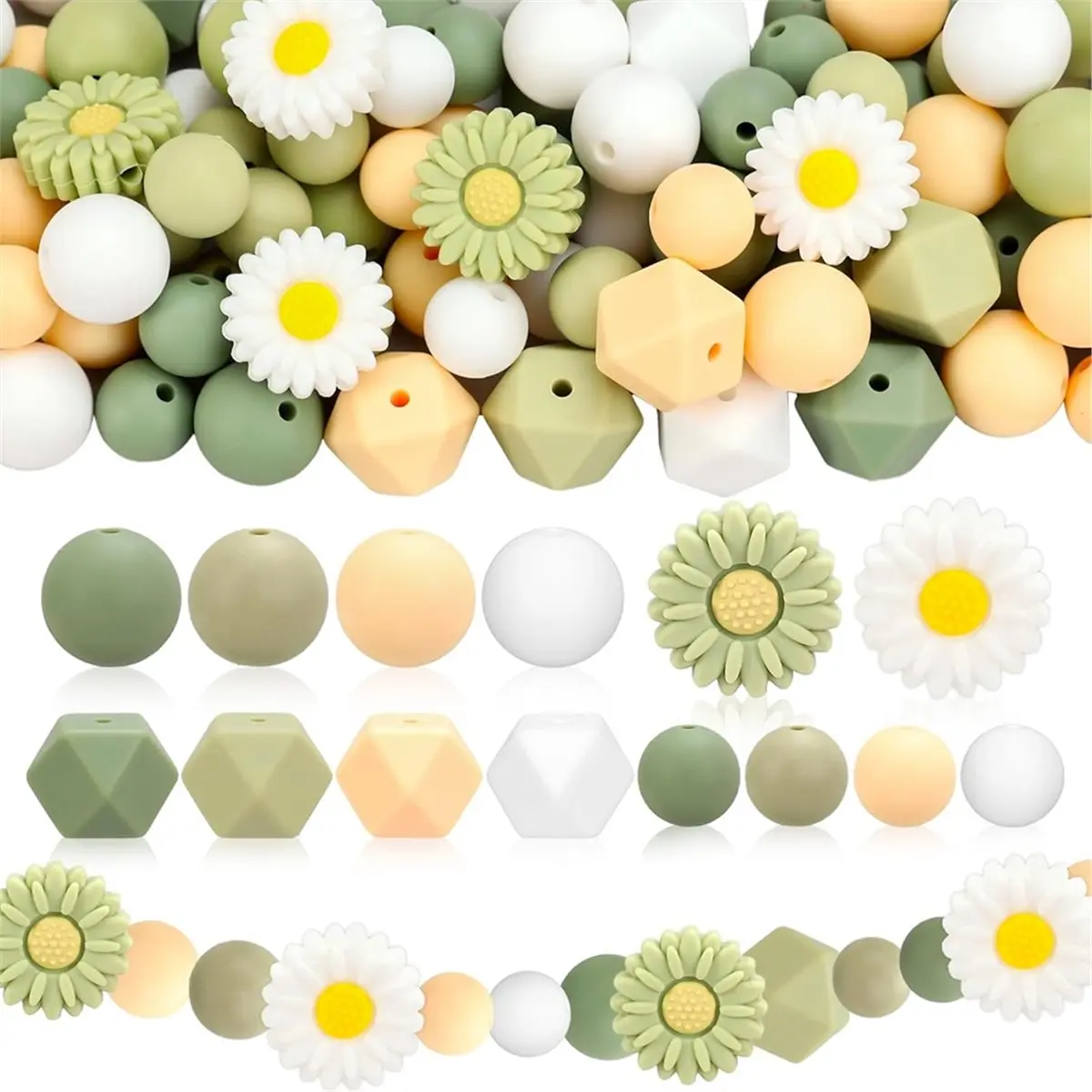 【STABLE QUALITY】100 Pcs Daisy Flower Silicone Round Hexagon Loose Beads for DIY Crafts Jewelry Necklace Bracelet Keychain Making