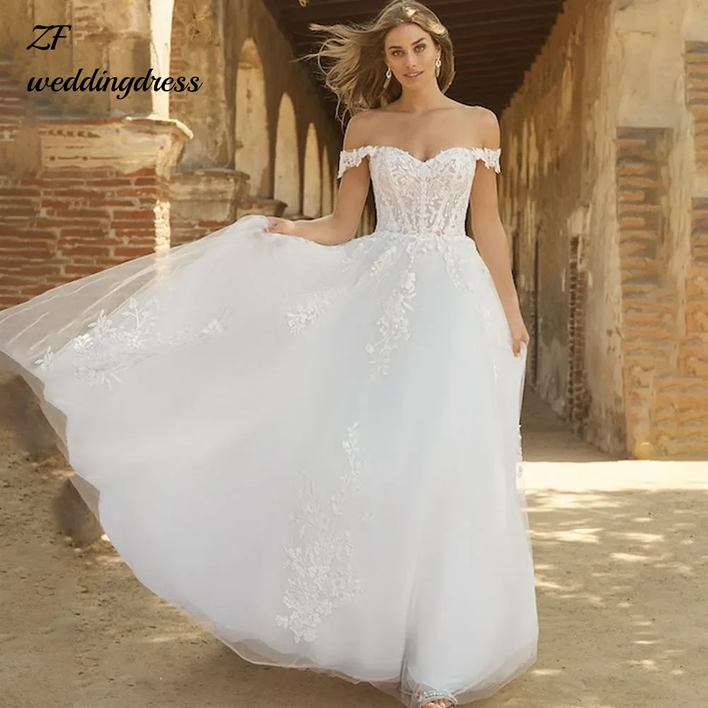 

Customized Off Shoulder V-neck Appliques Wedding Dress Backless Sweep Wedding Gown Sleeveless Bridal Dress Vestido de