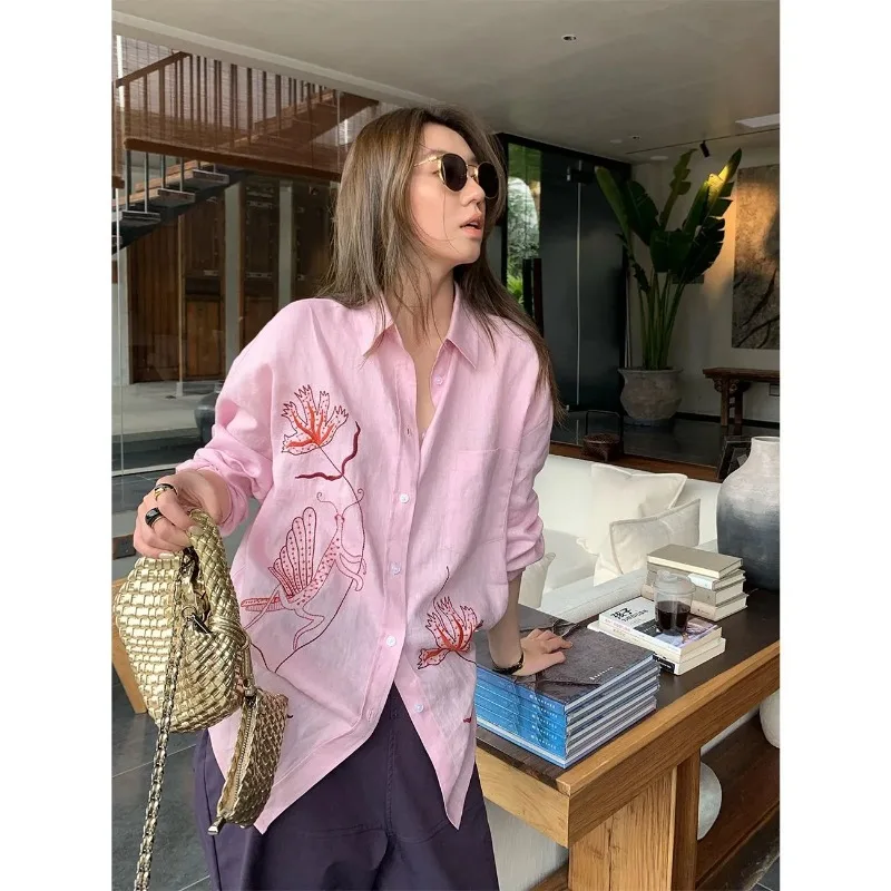 

Женская розовая льняная рубашка с вышивкой, свободного кроя, с длинными рукавами, для защиты от солнца, повседневная блузка