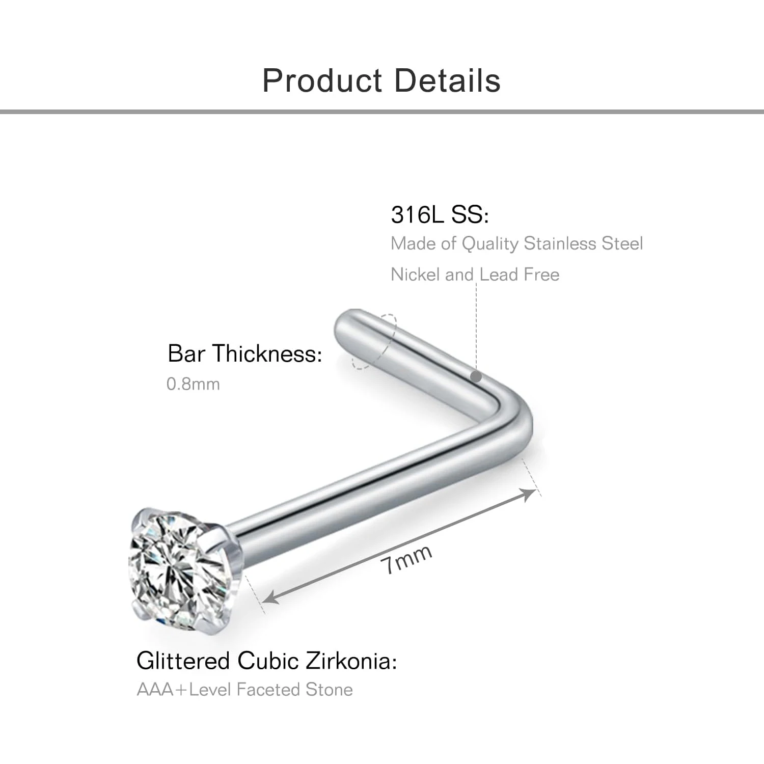 20G Nose Rings Studs 316L Stainless Steel L Shape Bone Diamond Heart Corkscrew Nose Ring Nostril Piercing Jewelry For Women Men