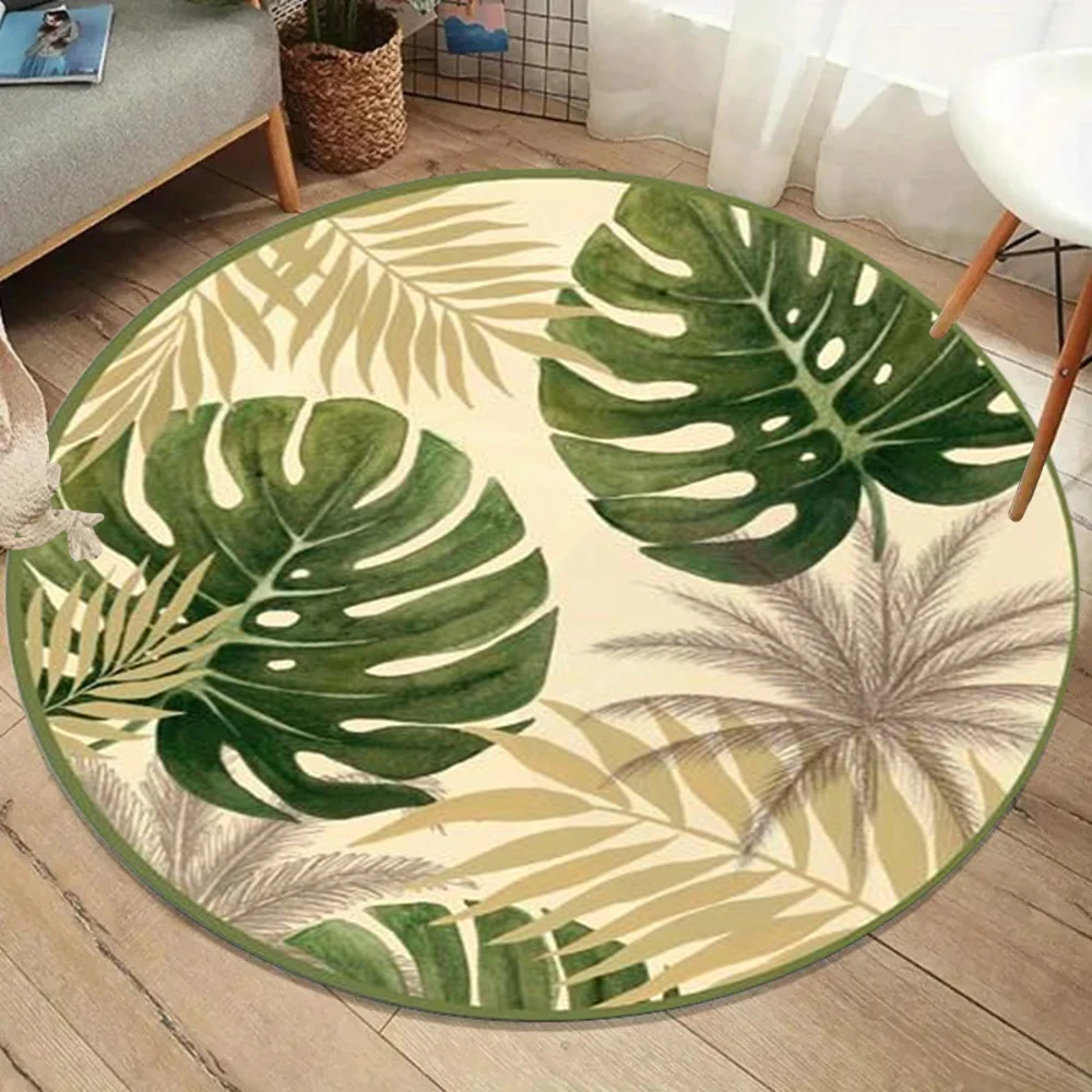 Tropical Jungle Plant Pattern Round Rug Monstera Leaf Floral Carpet Large Area Rug for Living Room Bedroom Decor
