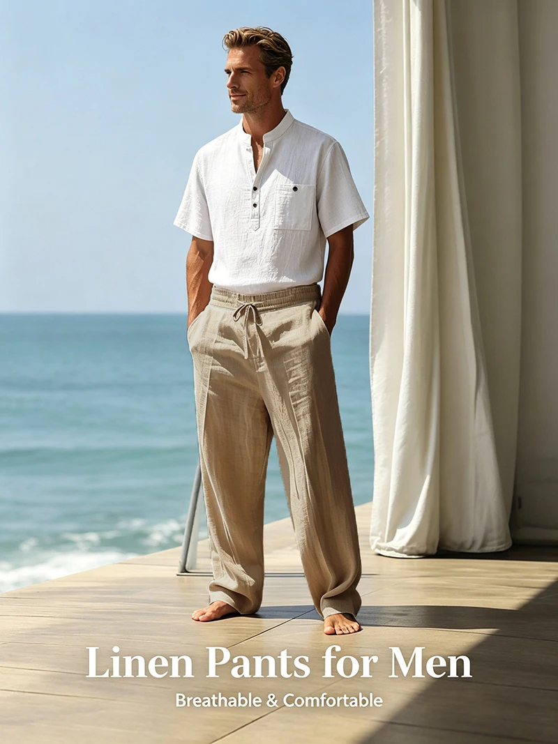 Herren-Leinenhose mit Kordelzug, lockerer Schnitt, einfarbig, lässig, für Alltag, Büro, Strand, Urlaub, Outdoor, Reisen, Alltagskleidung