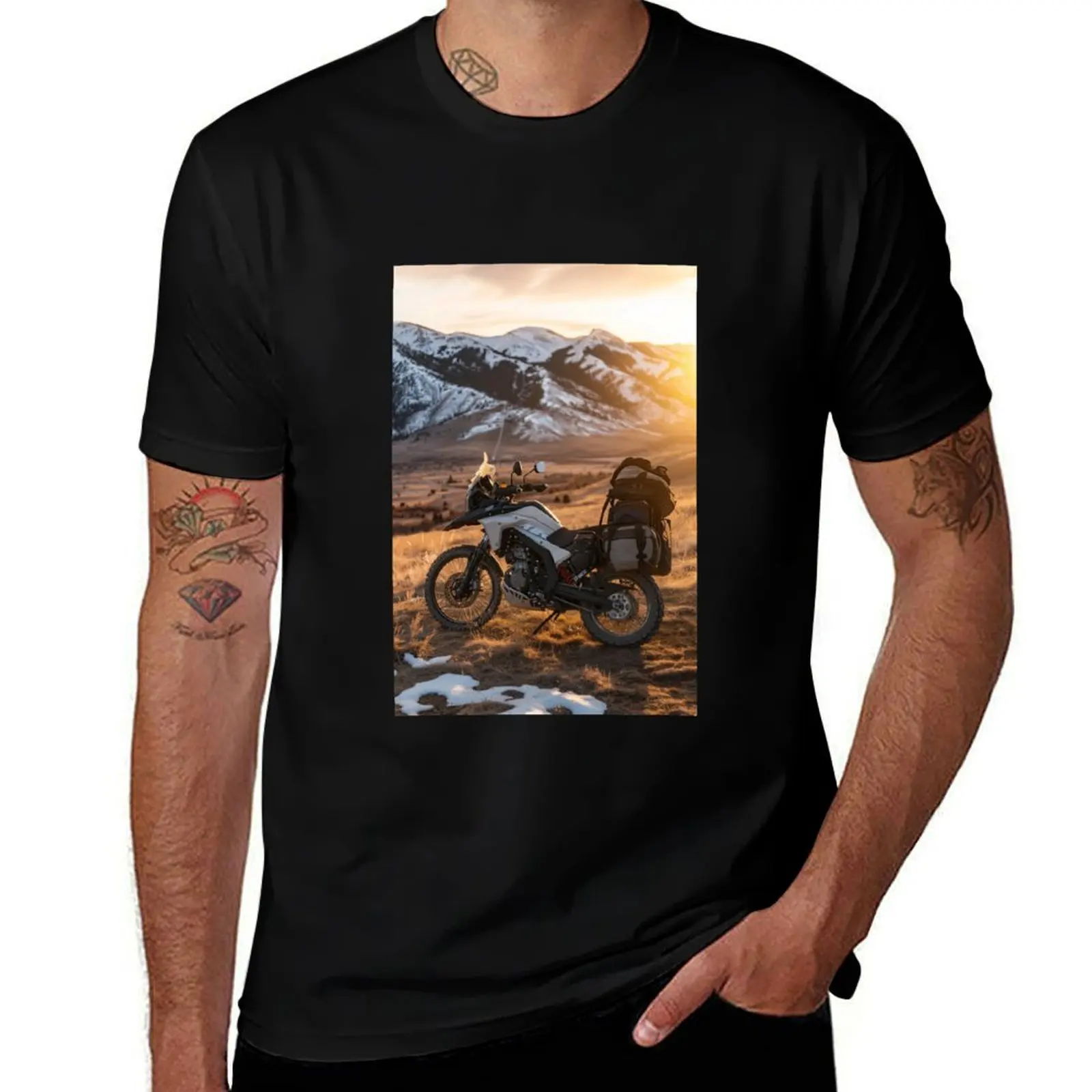 

Adventure Touring Motorcycle at Sunset in the Mountains – Travel Landscape Photography T-Shirt summer tops vintage t shirt men