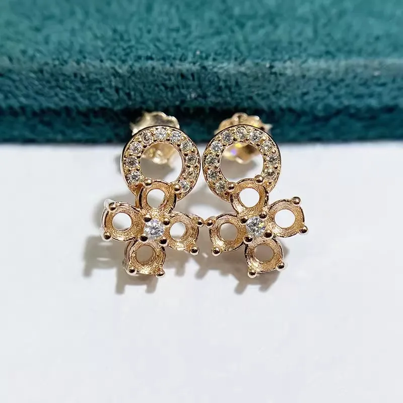 MeiBaPJ 3mm Round Stones DIY 925 Silver Empty Setting Fashion Flower Stud Earrings Fine Charm Wedding Jewelry for Women