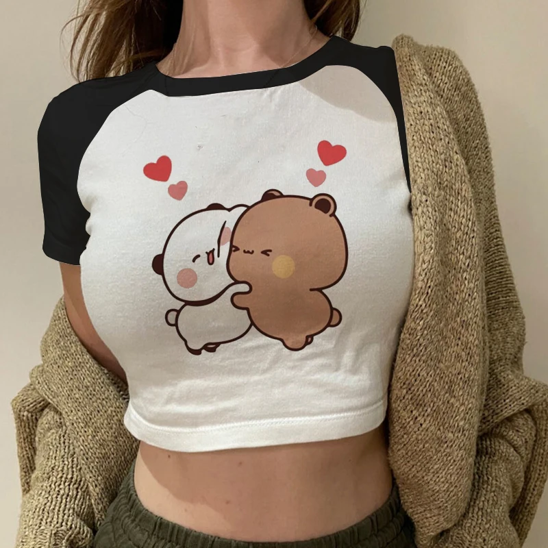 Cartoon Panda Bear Bubu e Dudu T Shirt donna Top Kawaii stampato Harajuku Ullzang Tees o-collo Anime femminile Crop Top estate