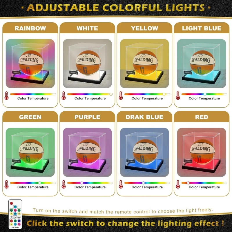 Acrylic Basketball DustProof Display Case with Color Changing LED Light, Clear Full Size Memorabilia Box for Autographed Ball