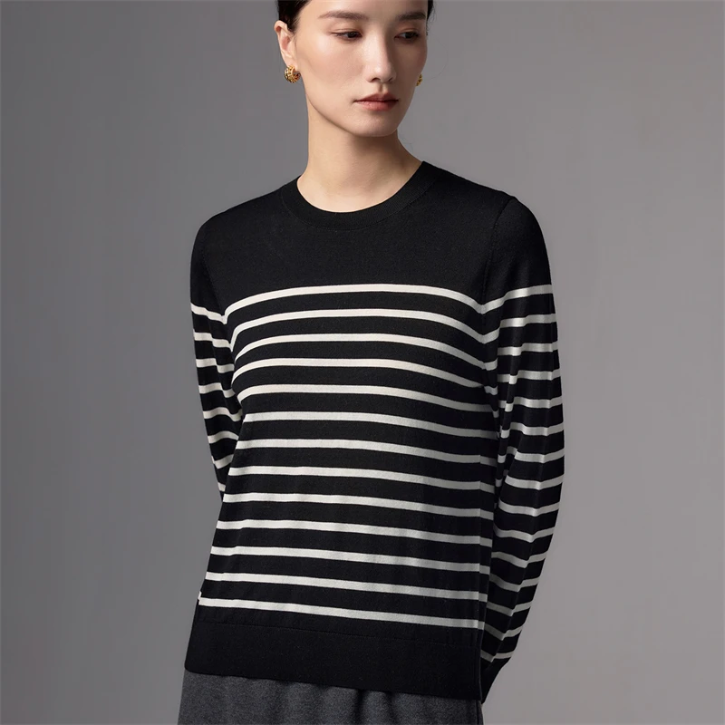 Wool knitted long sleeved thin sweater retro high-quality fabric women's spring and autumn striped basic style pullover sweater