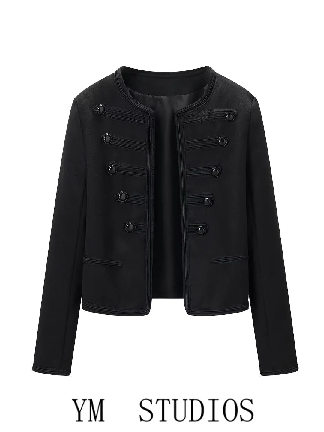 Black round Neck Short Cardigan Women's Fashion Decorative Double Row Buttons Small Size Autumn Outerwear Polyester Fiber