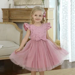 Summer Baby Girls Dress 1 2 3 4 5 Years Birthday Party Wear Beading Ruffles Sleeve Princess Pink Dress Infant Bowknot Tutu Gown