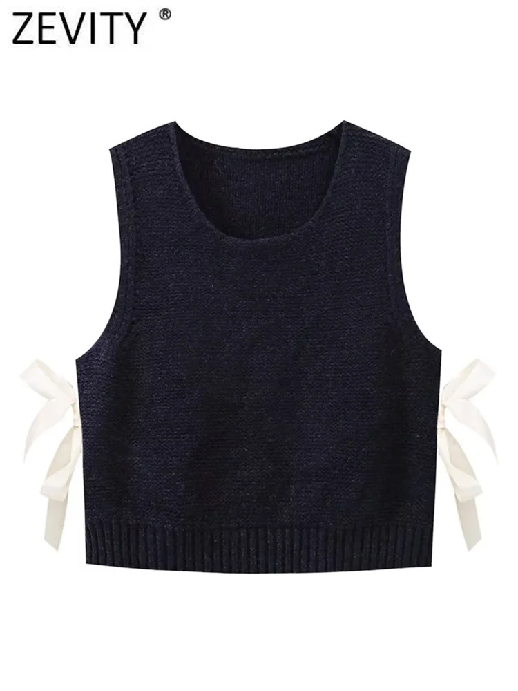 Zevity New Women Fashion Sleeveless Side Bow Tied Design Short Knitting Vest Sweater Female Chic Waistcoat Pullovers Tops SW6301