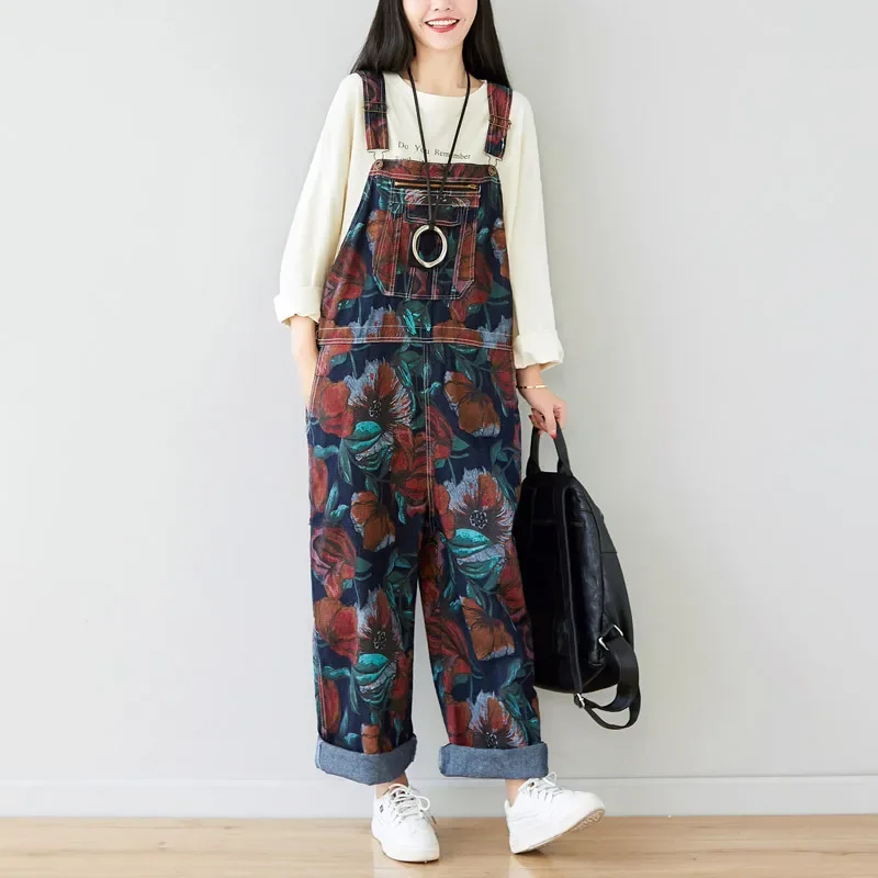 

Wide Leg Denim Jumpsuit Women Baggy Printed High Waist Suspenders Bib Cowboy Rompers Casual Europe Boyfriend Jeans Rompers