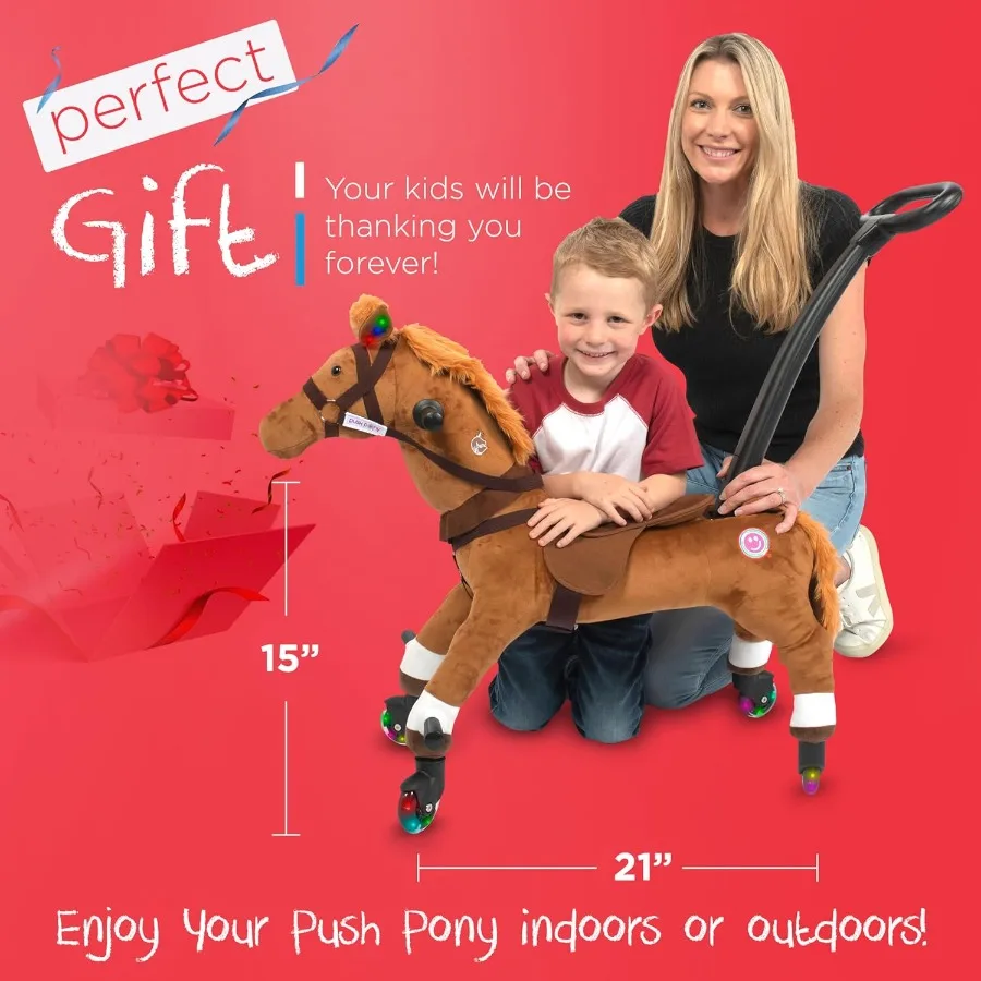 Passeio de brinquedo para 2 + crianças - Power Ponies Push Pull Kids Ride On Horse para crianças com alça removível controlada por pais