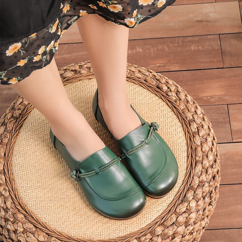 New Green Ballet Flats Shoes Woman Genuine Leather Moccasins Vintage Shoes Womens Slip On Loafers Comfortable Driving Shoes New