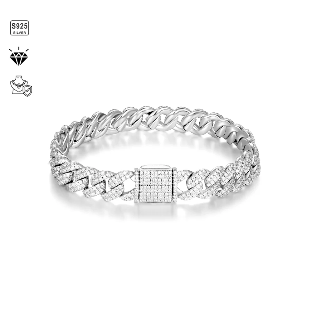 1pc S925 Sterling Silver with 10.4CT-15.3CT Moissanite Cuban Bracelet for Men and Women, Silver Weight: 32.4g | Gemstone Jewelry