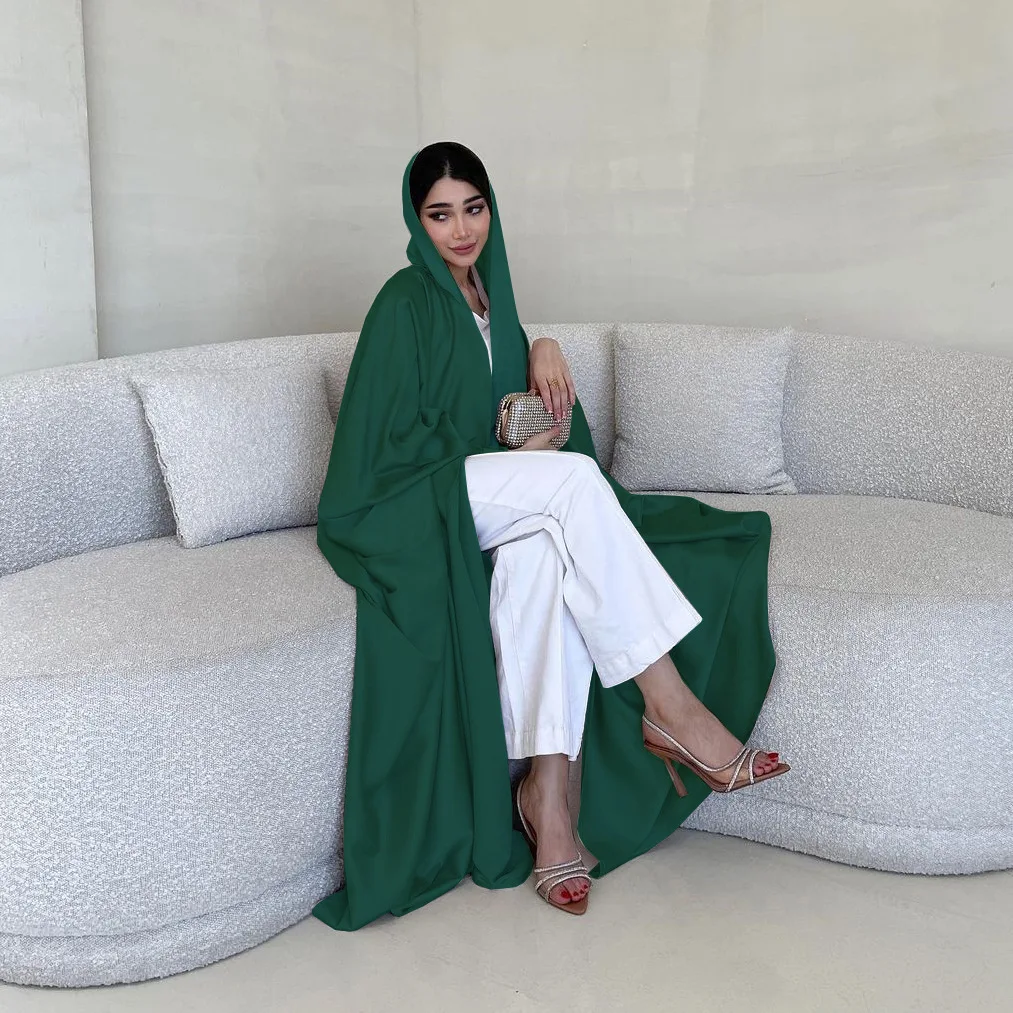 Muslim Fashion Solid Modest Satin Batwing Sleeve Casual Abaya Saudi Arab African Women Clothing Moroccan Kaftan Robe