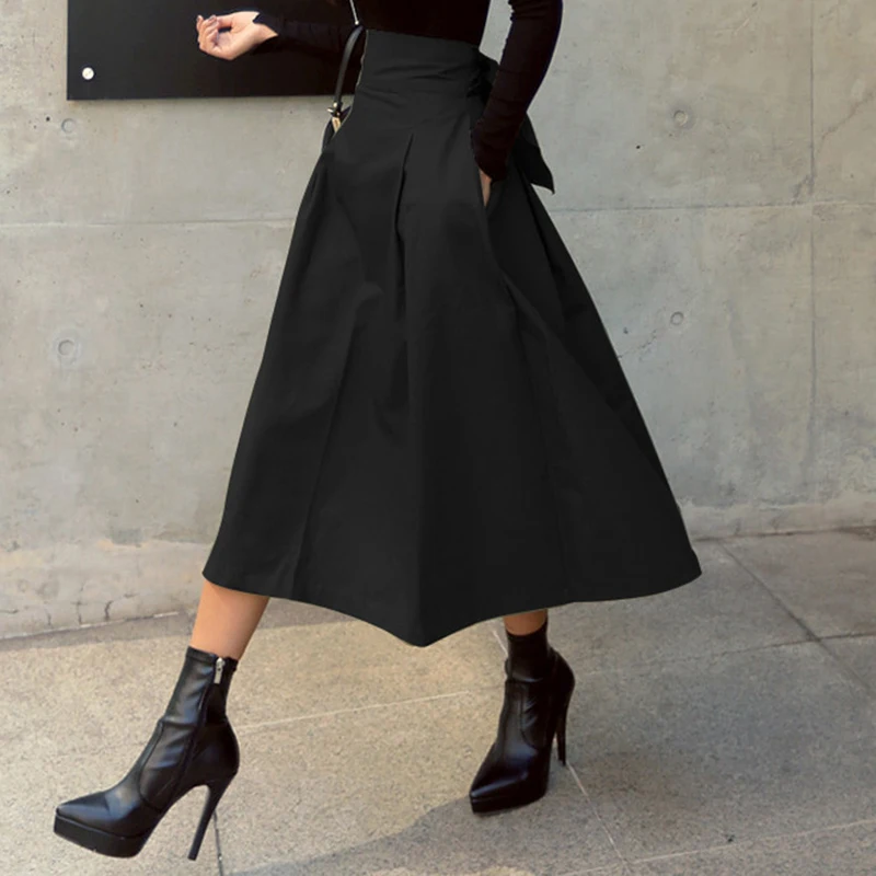 MEXZT High Waist Bow Skirts Women Korean Fashion Solid Big Swing Female A Line Midi Skirts Elegant All Match Slim Skirts