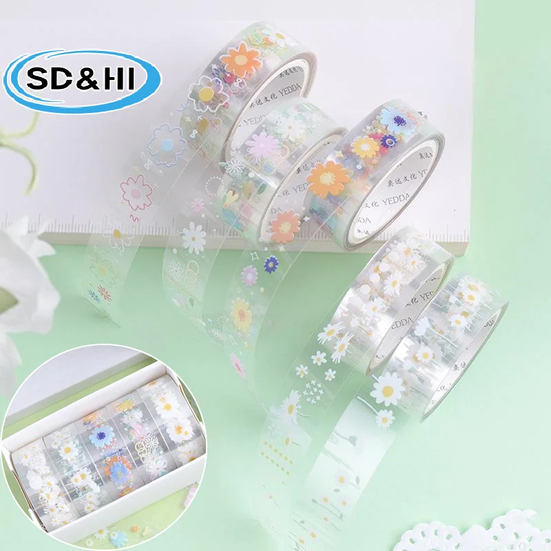 5Rolls Transparent Decorative Tape PET Waterproof Self-Adhesive Flower Daisy Pattern Decorative Masking Tape DIY Decorative Tape