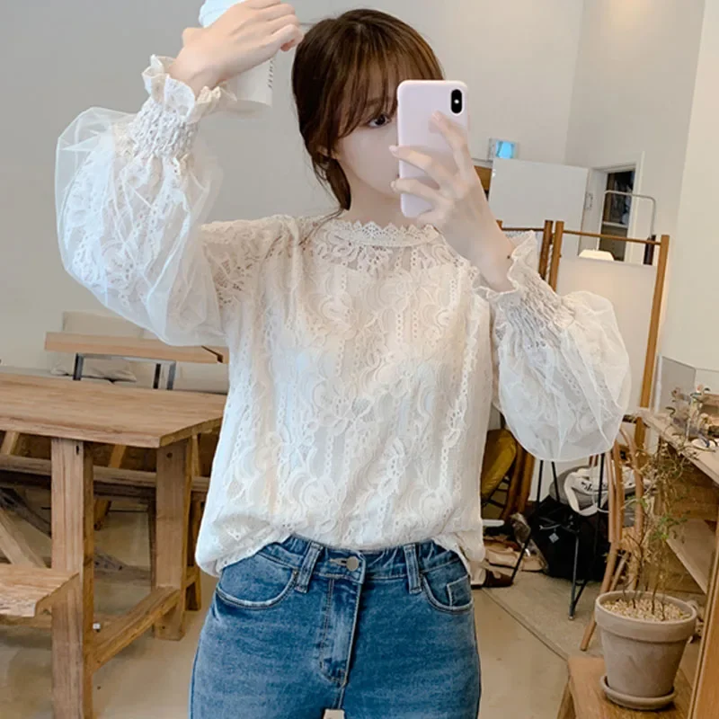 New Fashion Mesh Lace Women Blouse Office Lady Long Sleeve Elegant Shirts Spring Casual Tops