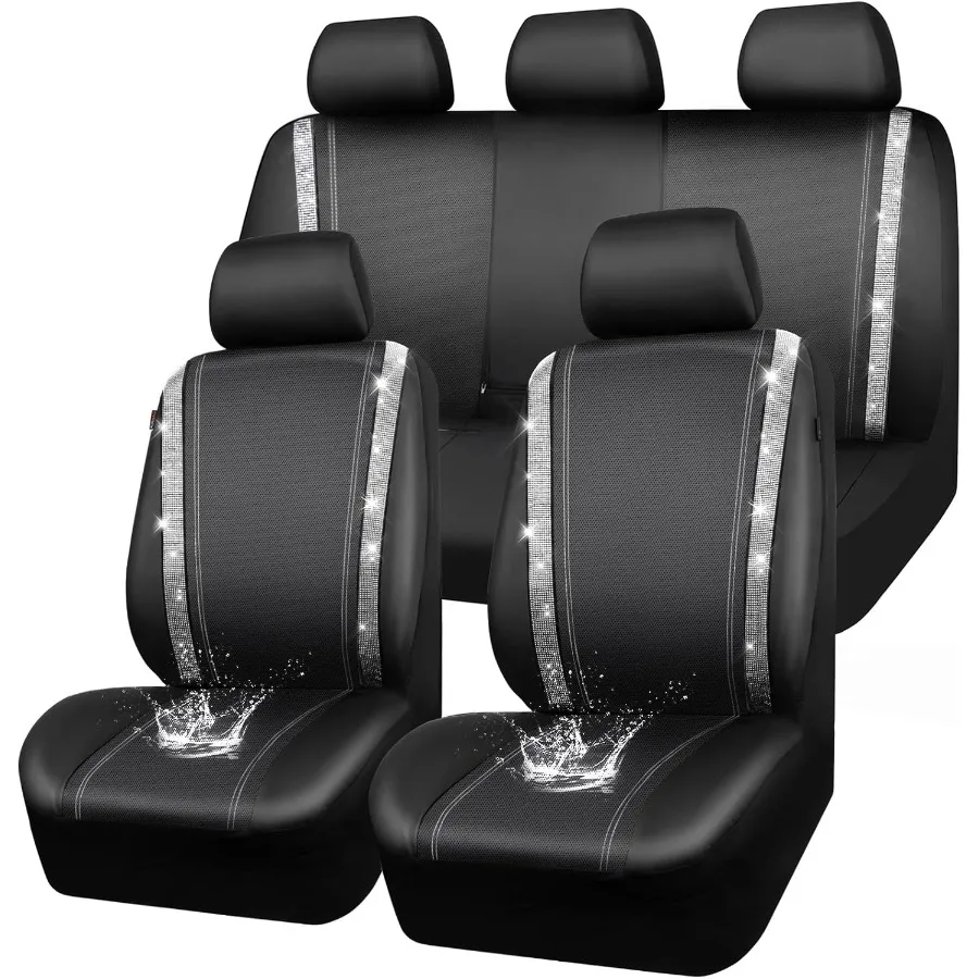 

Bling Diamond Car Seat Covers Full Set Shining Rhinestone Waterproof Faux Leather Rear with Zipper Universal Fit Automotive Gli