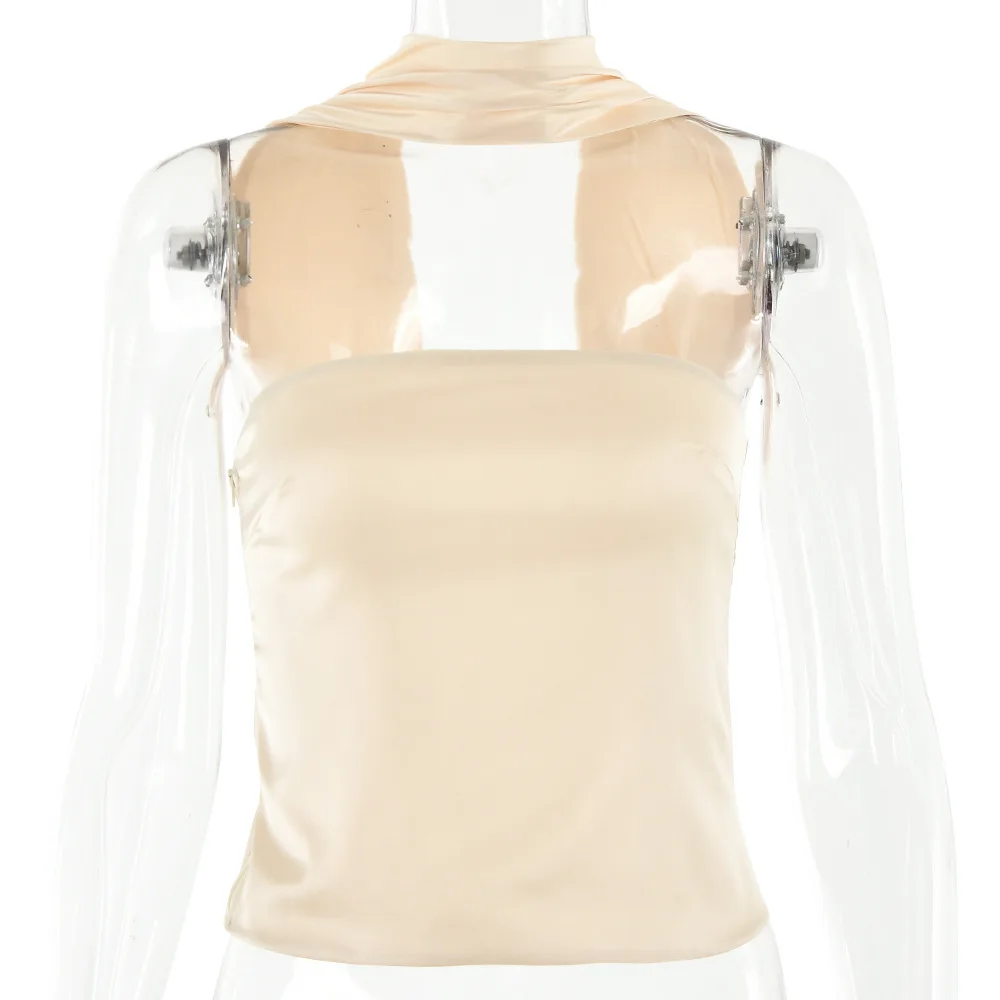 INS الخريف الساخن بيع المرأة الجديدة مثير موضة الساتان تنوعا خارج الكتف أنبوب الرسن الرقبة المحاصيل الأعلى