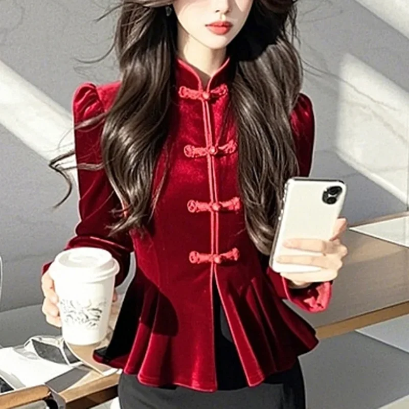 

2026 New Chinese Red Velvet Blouse Women Luxury Slim Waist Top Autumn Winter Stand Collar Retro Pleated Shirt Ethnic Style