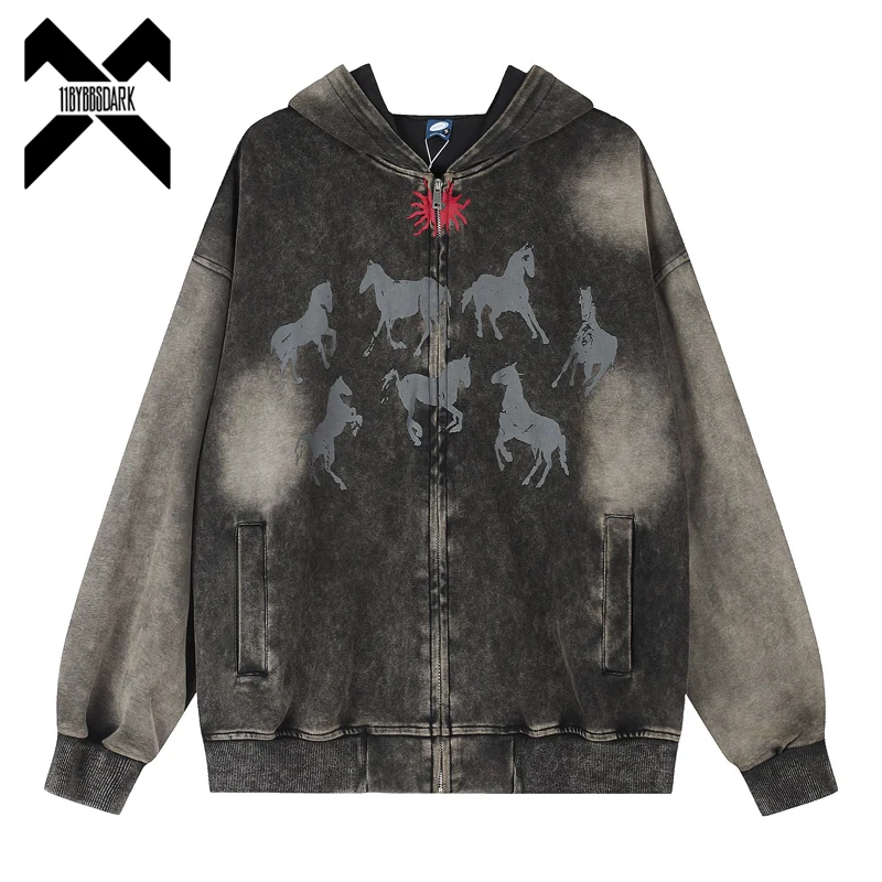 Vintage Gradient Washed Zip Up Hoodie Dirty Horse Print Casual Streetwear Oversized Sweatshirts Jackets