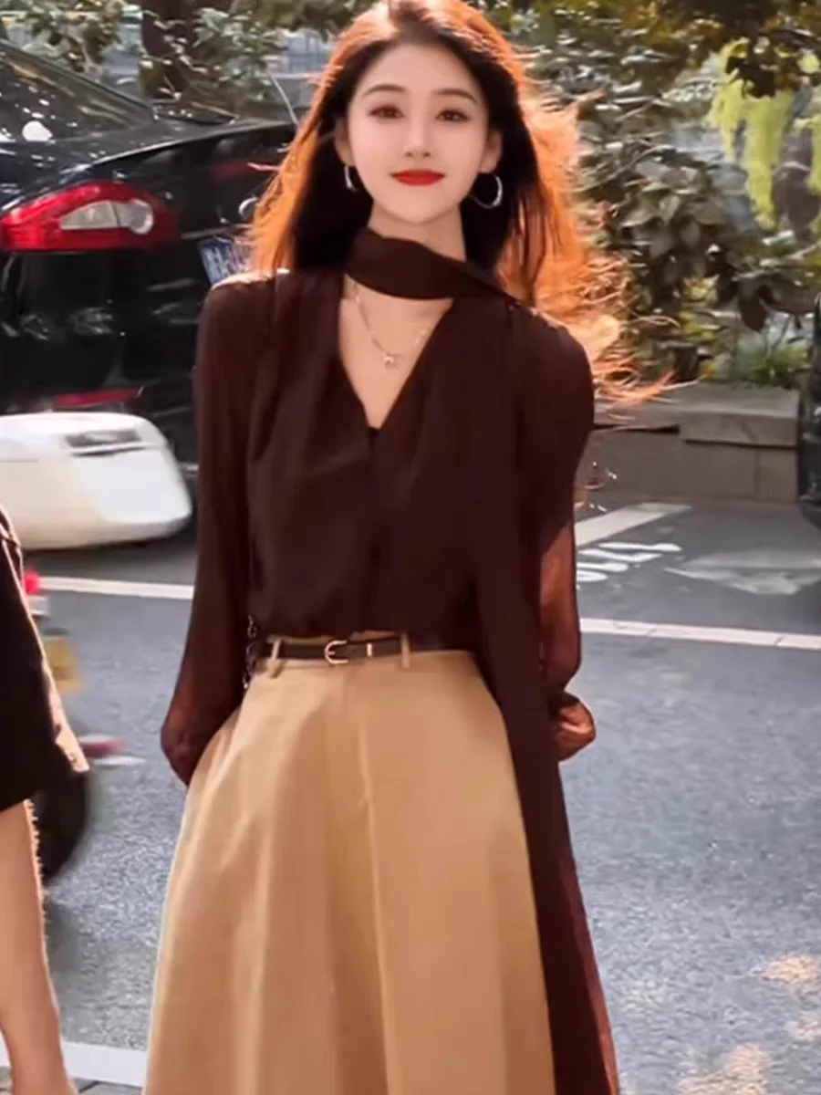 

Elegant Women Chiffon Blouse - Halter V-neck Long Sleeve Top For Office Daily Wear Spring Summer Fashion Ladies Clothes Popular