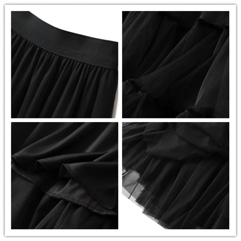 Outono inverno nova moda casual tule saia das mulheres coreano bonito a-line malha saias feminino preto midi longo saia plissada