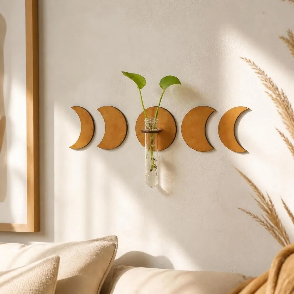 Water Plant Tube Stand Wooden Wall Mounted Planter Vase Moon Shape Wall Decoration Home Ornaments