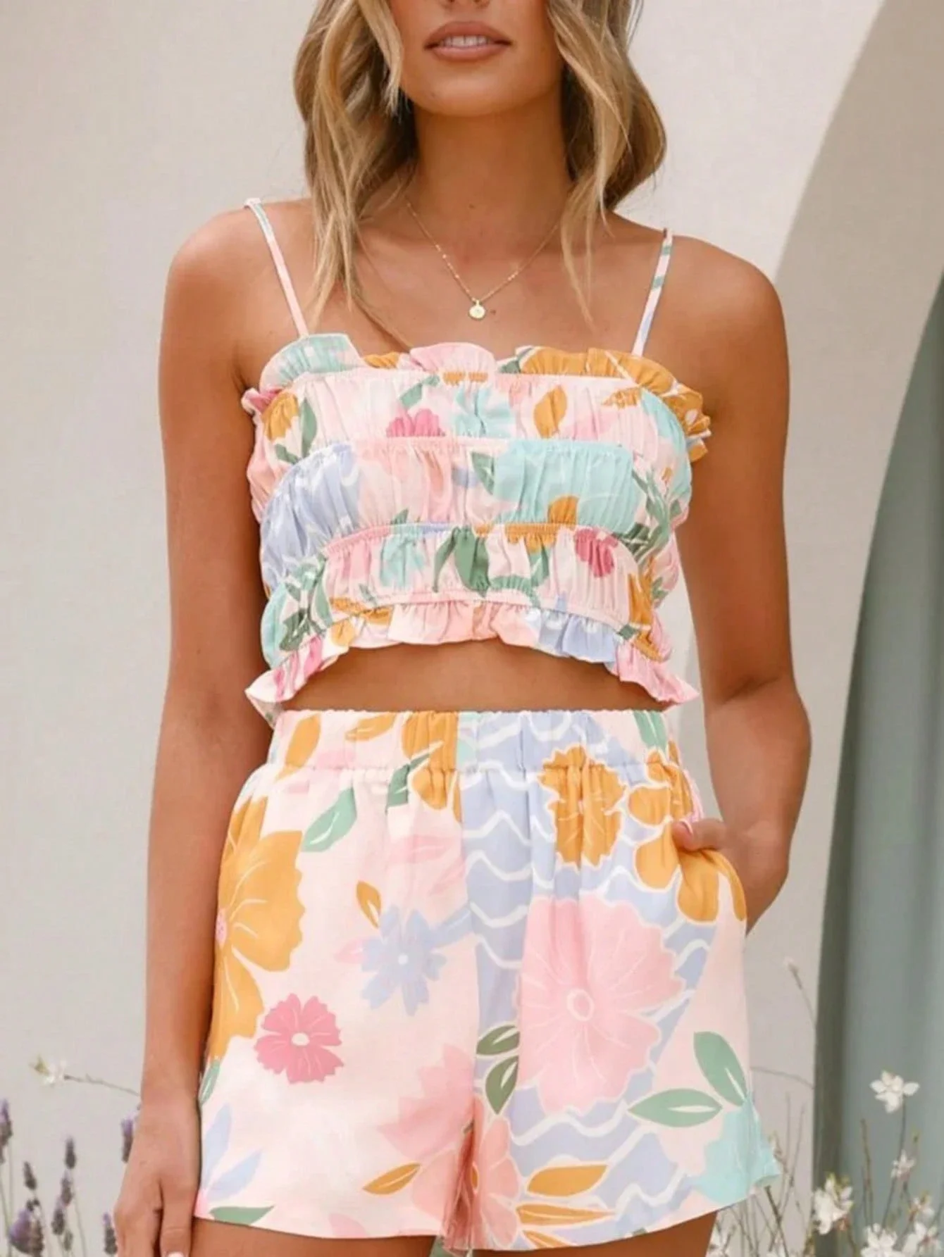 

Floral Print Ruffled Cami And Shorts Set Summer Casual Women