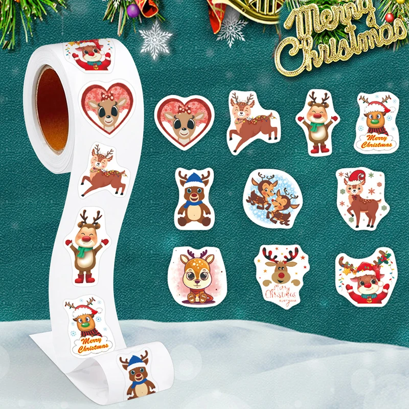 500 stks/rol Heterotypische Kerst Elanden Rendieren Stickers 10 Ontwerpen 2.5 cm/1.0 '' Mooie Vrolijk Kerstfeest Decals DIY Etiketten