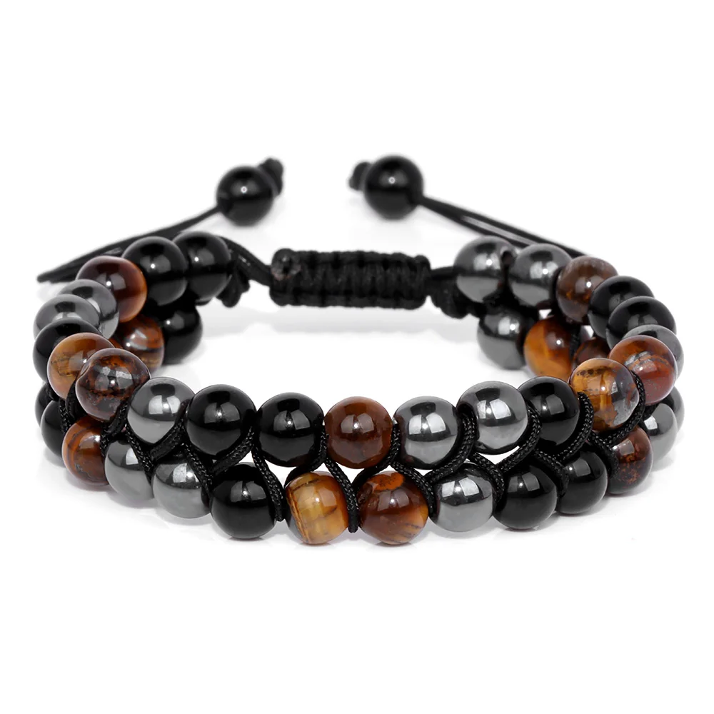 Fashion Men Triple Protection Bracelets Hematite Tiger Eye Obsidian Double Layer Wrap Bracelets For Women Men Pulsera Hombre Mag