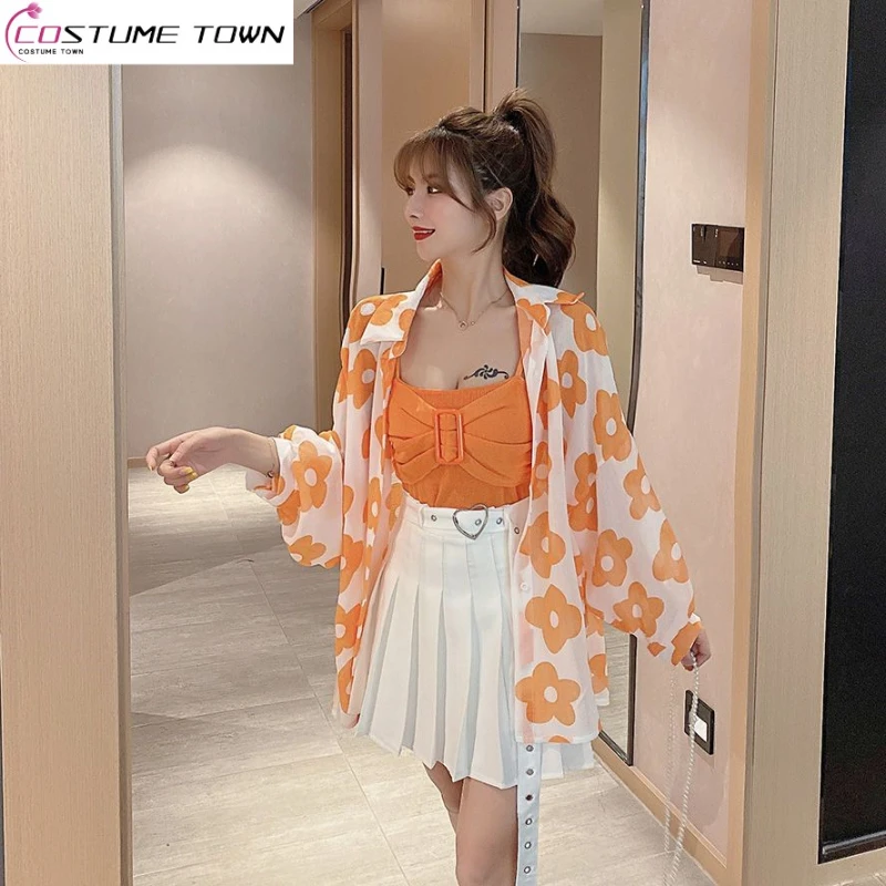 Small Sling Three Piece Suit Fashion Top with High Waist Short Skirt Cardigan Sunscreen Shirt Women's Summer Wear 2023 New Trend