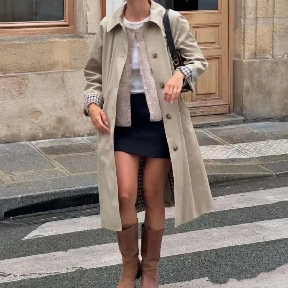 2025 Vintage Women Lapel Khaki with plaid Lining Raglan sleeve Trench Open Buttons Midi Long Windbreaker Coat Loose Outerwear