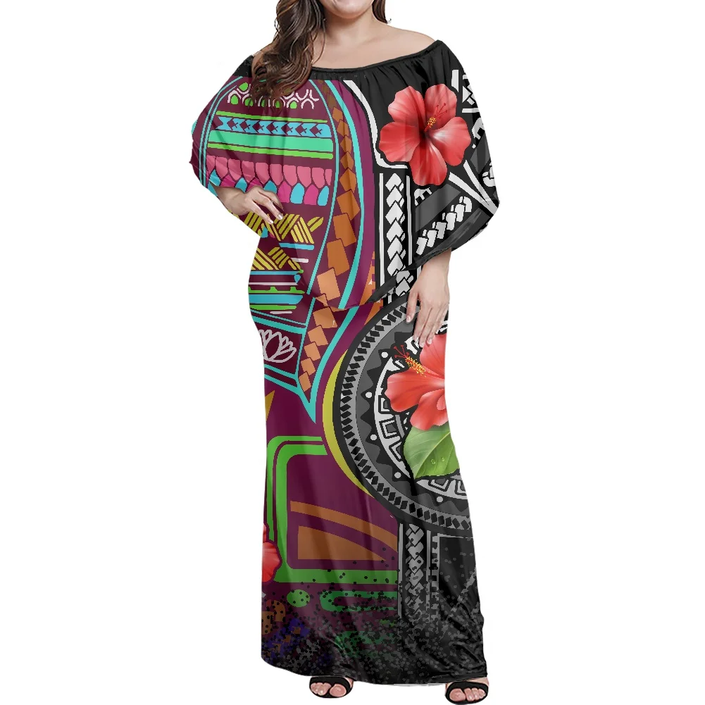 Polynesian Tribe Graphic Design Hibiscus Print Dress Off-The-Shoulder Large Front Reach Long Skirt Spring Casual Women Clothing