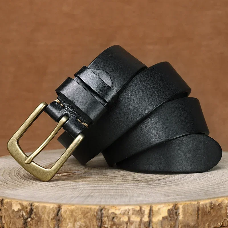 Ceinture en cuir véritable pour hommes, 3.8CM, haute qualité, couche supérieure en cuir de vache pur, avec boucle en laiton, pour Jeans de luxe