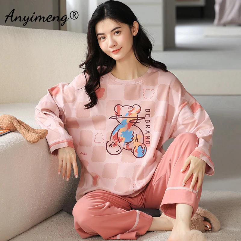 High Quality Sleepwear 100% Pure Cotton Soft Skin Friendly Pijama Perro Long Pink Bear Printed Kawaii Youth Girl's Pajama Korean