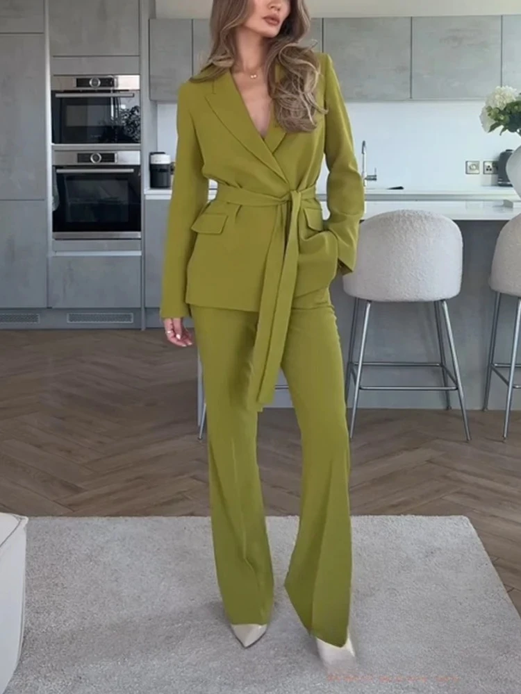 KONDALA Office Lady Chic Solid Women Suit Sashes Lace-up Pockets Slim Blazer Flare Pants New Fashion 2025 Spring Summer Sets