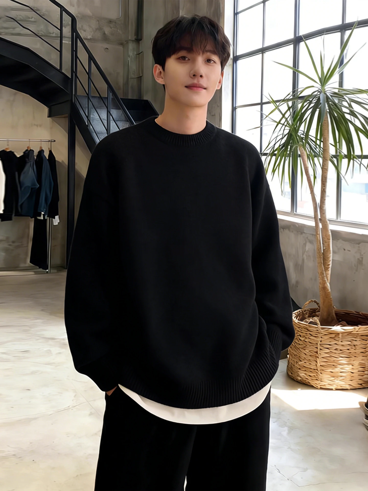 

Bla American Sle round Ne Fce Lined Knitwear Men's Winter Casual Loose Fit Long Sve Thermal Base Layer Top