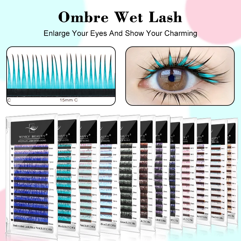 Winky Beauty Newly Designed Ombre Colored Wet Eyelash Extension 0.07mm 12 Colors Mixed Naturally Cosplay Premade Wet Lashes C/D
