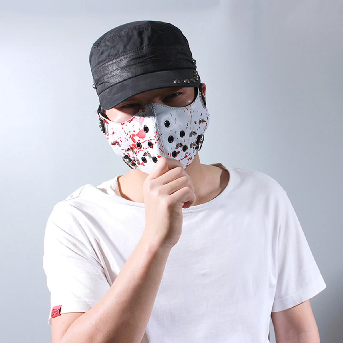 

Fashion Half Face Mask Red and White Rivet Punk Mask for Halloween Carnival Unique Cool Look Comfortable Adjustable Fit