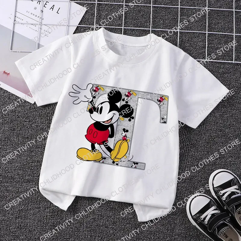 Mickey Mouse Kinder T-Shirt Buchstaben Name Kombination T-Shirts Disney Cartoon Kawaii Kind Freizeit kleidung Mädchen Junge Mode Top